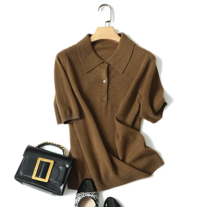 2022 new women pure cashmere polo sweater fashion short sleeve knit tops cashmere t shirt