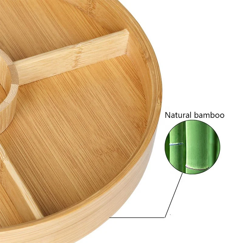 5 Compartments Snacks Party Tray Bamboo Round Plate Dish Food Serving Platter Tray With Glass lid