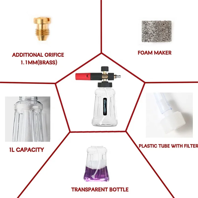 1/4' Quick Connector 1L Adjustable Pressure Washer Foam Lance Car Wash Snow Foam Cannon Sprayer Bottle