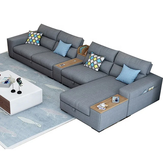 
Modern fashion grey fabric 7 seater sofa set designs living room furniture L shaped sectional corner couch combination sofas 