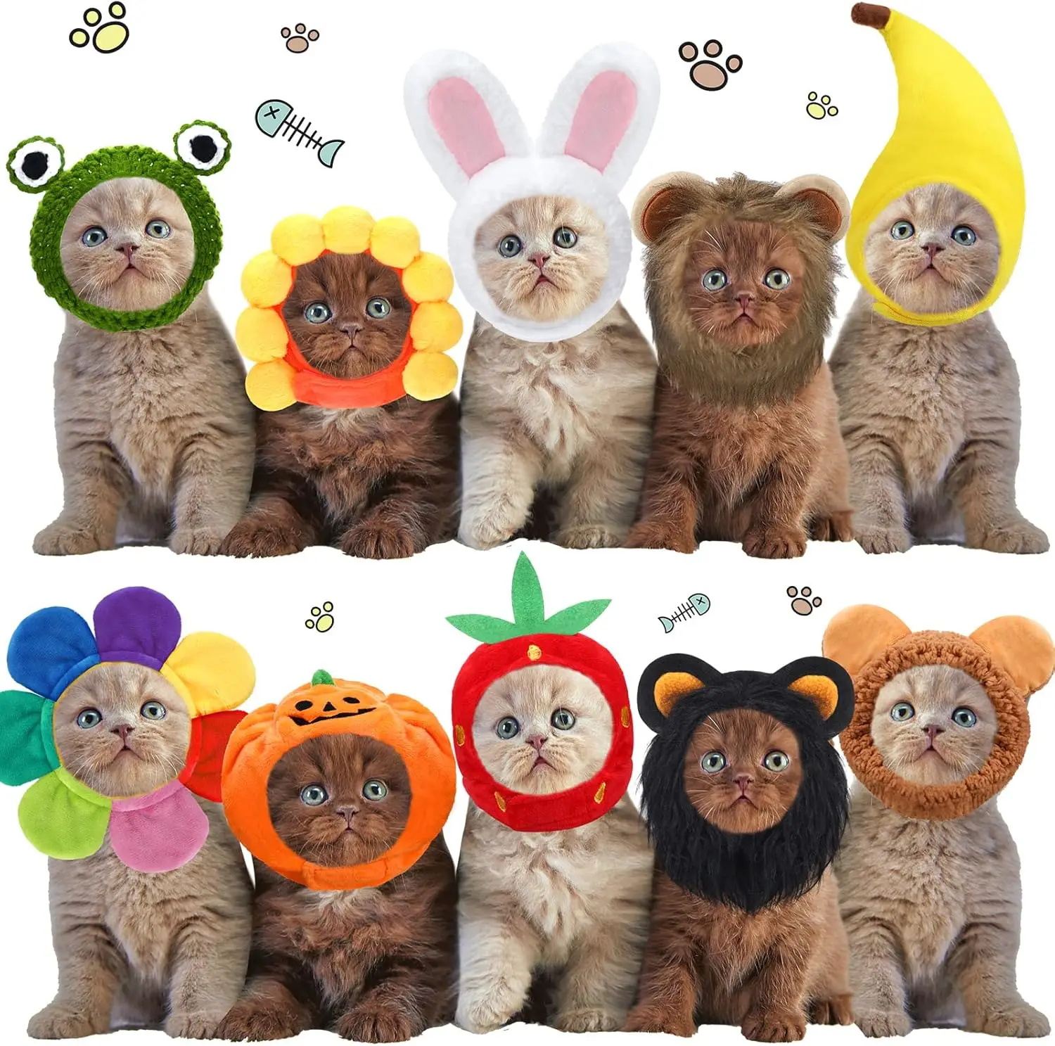 10 Pcs Cat Hat Cat Costumes Bunny Bear Lion Fruit Shaped Hat Adjustable Accessory Headwear for Cat Small Dog Kitten Puppy Pet
