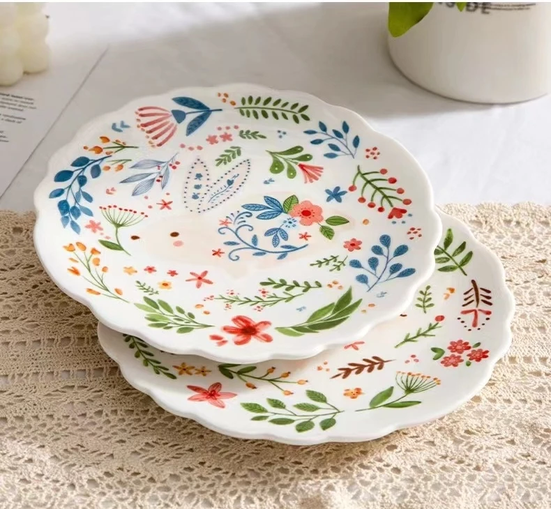 Printed flower rabbit pattern ceramic dished plates pastoral style breakfast dessert plate Easter Christmas gift