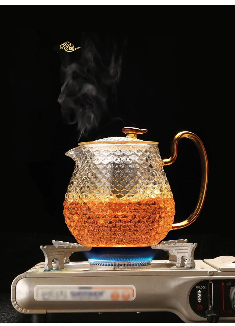 Qian Hu Vintage Clear Luxury Turkish Kettle Glass Teapot Set with Arabic Style Gold Metal Holder