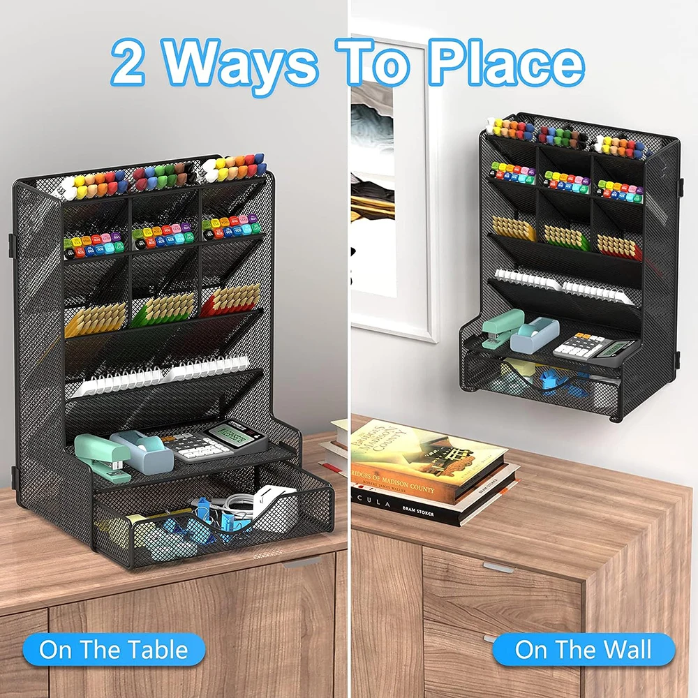 Black Pen Organizer Multi-Functional Metal Mesh Desk Storage Rack Organizer Wall Mount Pen Holder With Drawer