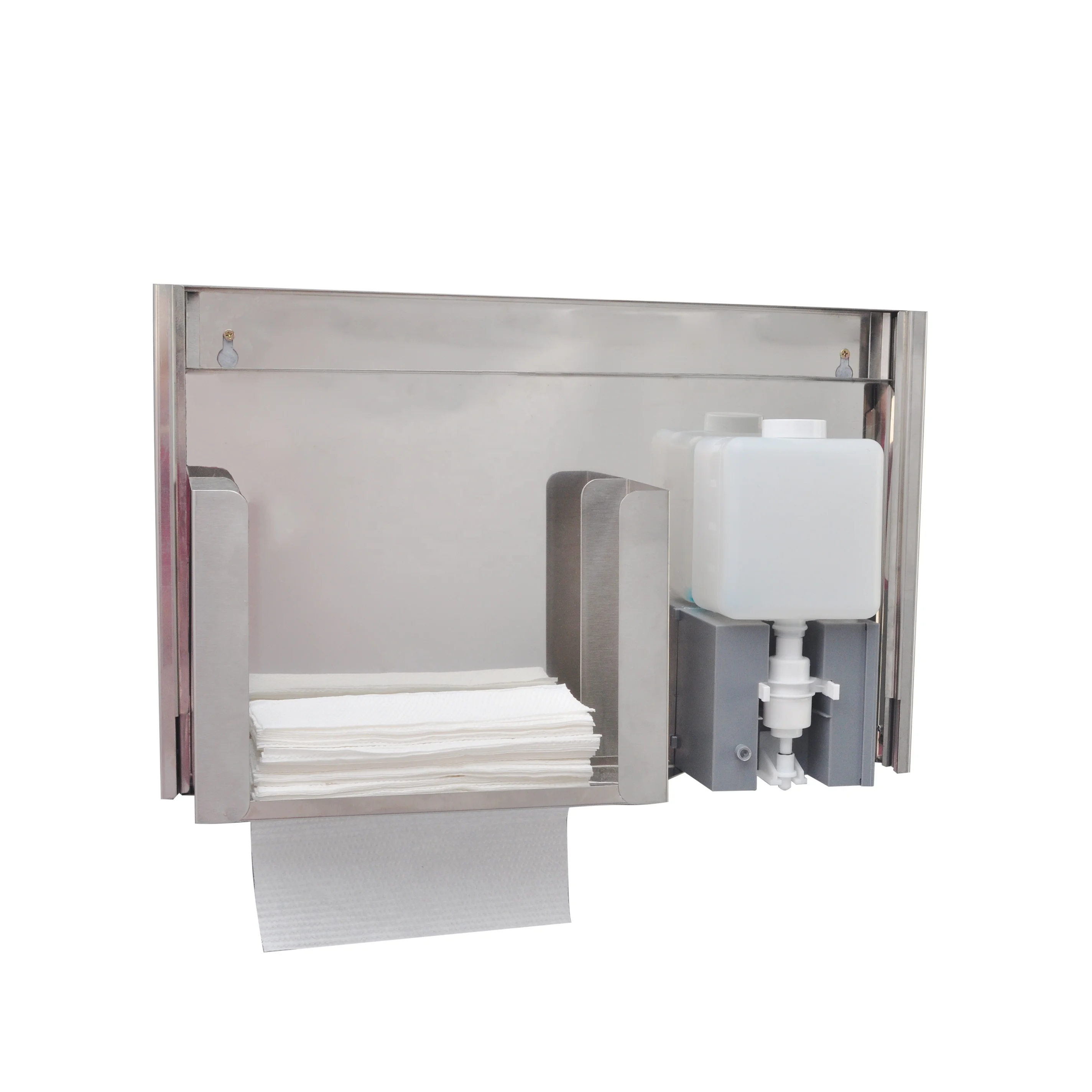 Two in one commercial embedded stainless steel hidden mirror cabinet with automatic sensing soap dispenser and paper drawer