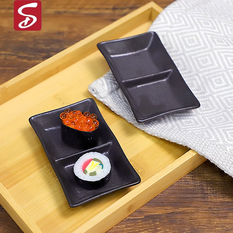 Ceramic Appetizer Serving Tray Divided Serving Platter Chips Dip Sauce Dishes 2 Compartment Snacks Dishes Tray for Spices Black