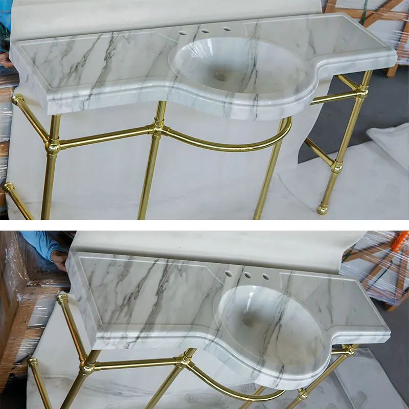 Bathroom Vanity Top with Integral Sink Natural Calacatta Gold Marble Countertops with Brass Stand Set