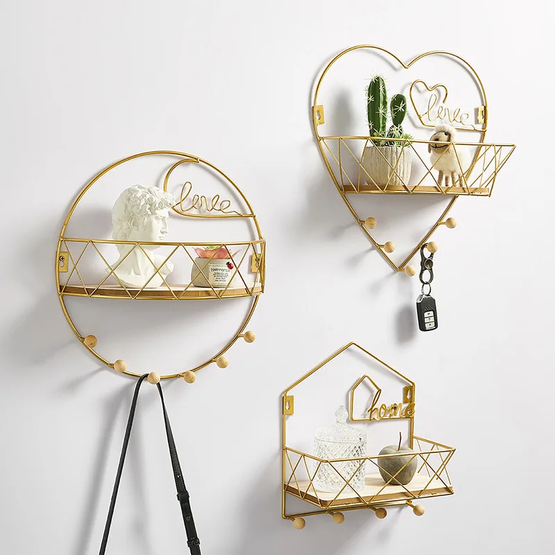 PUSELIFE living room furniture bedroom bathroom hanging storage decoration rack wooden metal iron hexagonal floating wall shelf