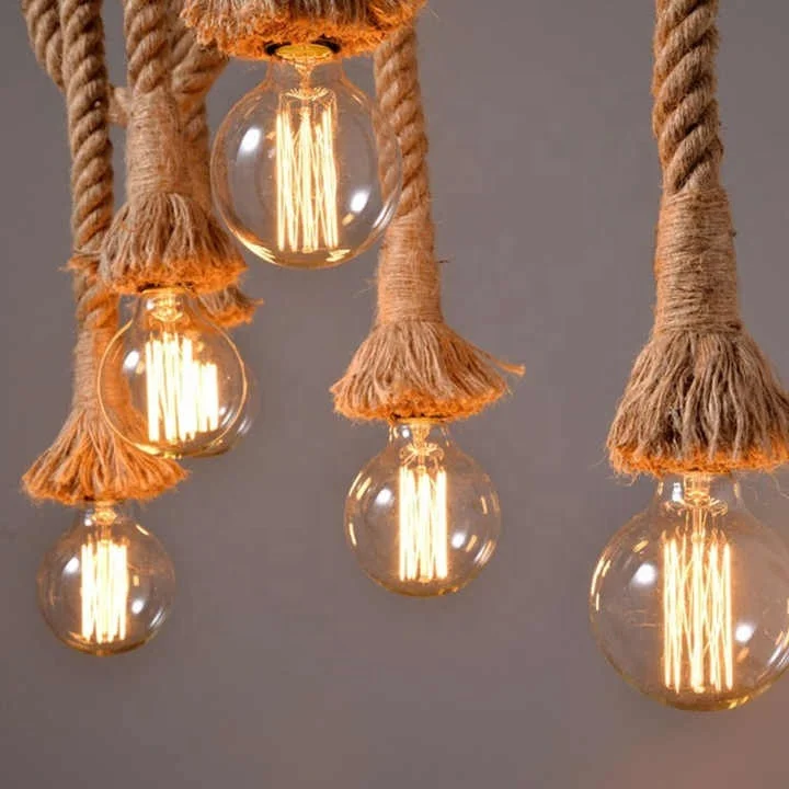LED Retro Hemp Rope Chandeliers Decorative Lights Vintage LED Light Bulb Industrial Style Hanging Lamp