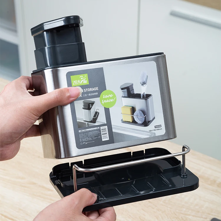 3 in 1 Multifunctional Kitchen Sink Washing Sponge Storage Rack Soap Dispenser Hand Detergent Bottle Organizer Stand