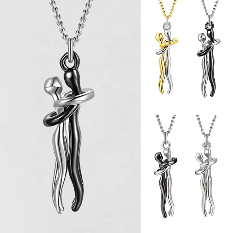 People hug pendants custom silver chain couple necklaces