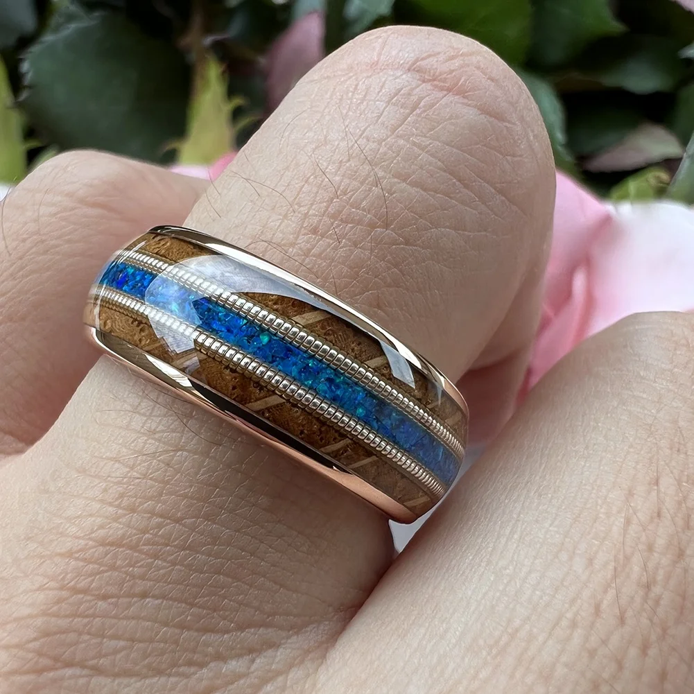 Coolstyle Jewelry 8mm Whisky Wood Guitar String Blue Opal Inlay Rose Gold Tungsten Ring for Men Women Engagement Wedding Band