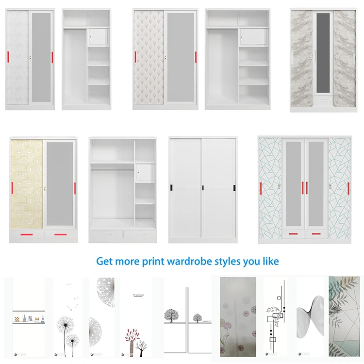 Metal Painting Wardrobe Cabinet sliding doors fireproof locker with mirror iron storage wardrobe cabinet bedroom furniture
