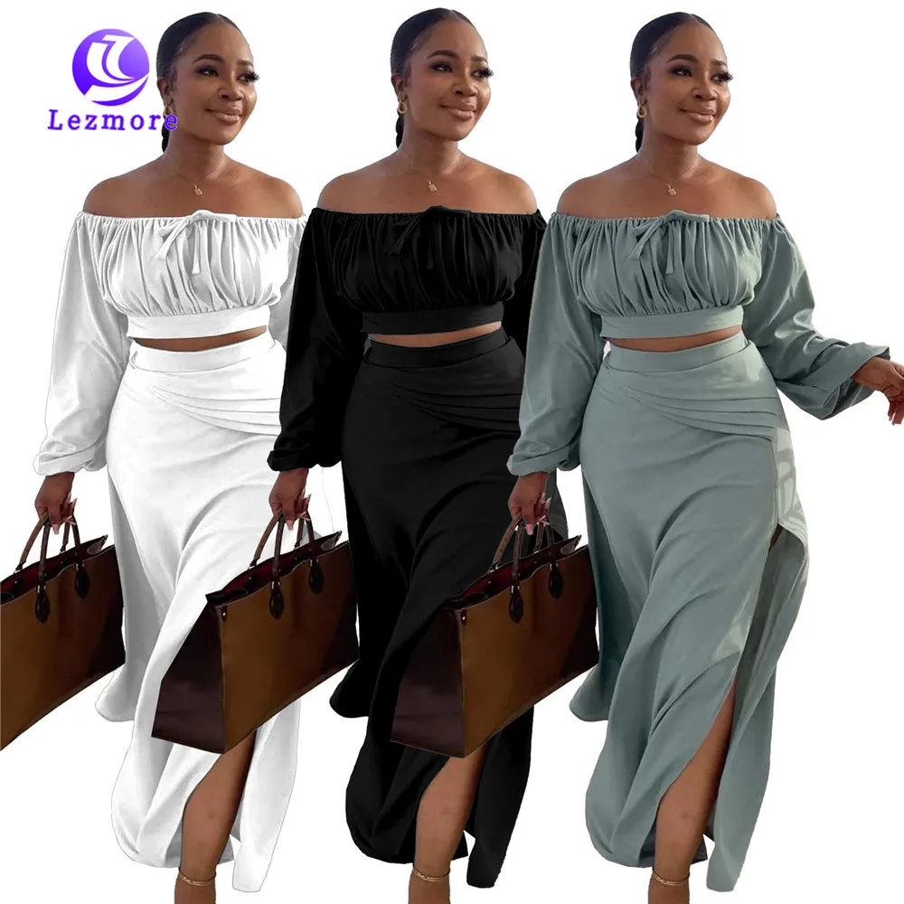 New Arrival Solid Color Off-Shoulder Long Sleeve Crop Top Side Slit Long Skirt Autumn Women Elegant 2 Piece Set