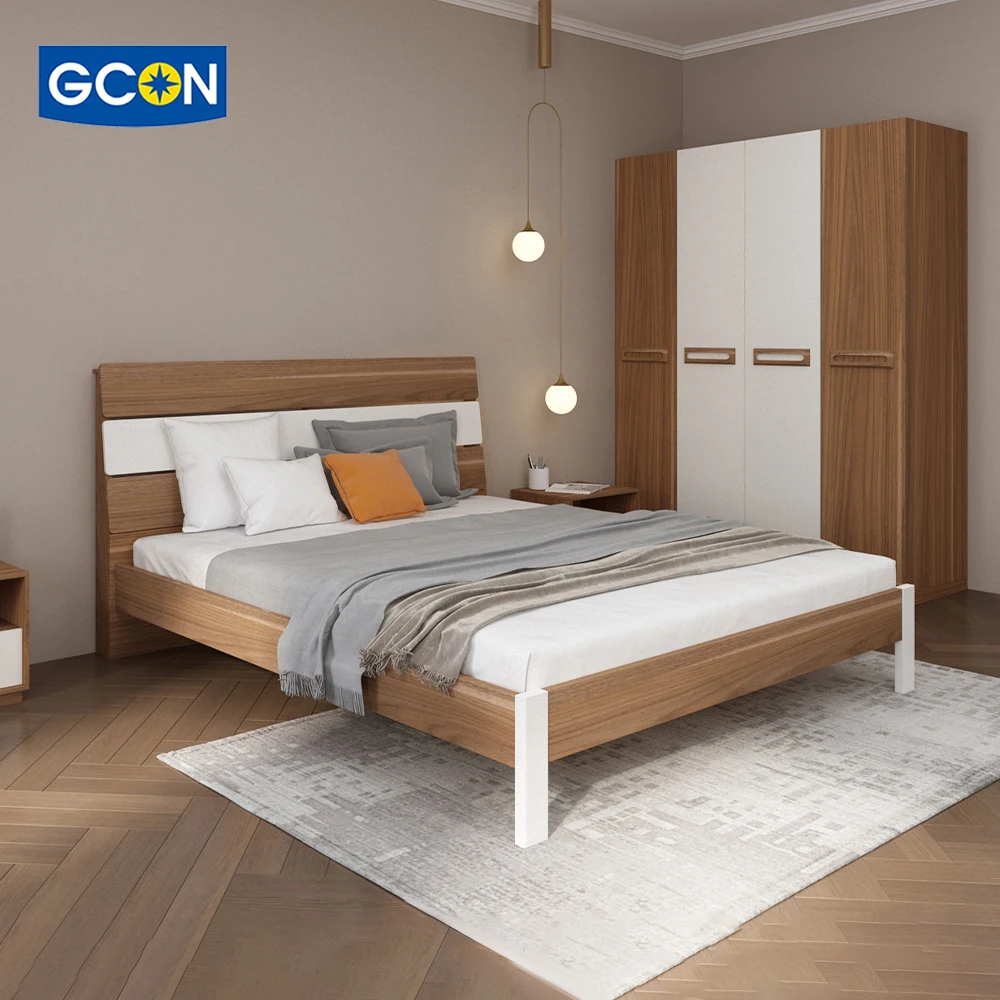 Bedroom Furniture Set, Fashion Designs Wood Bed Wardrobe Nightstand for Modern Home