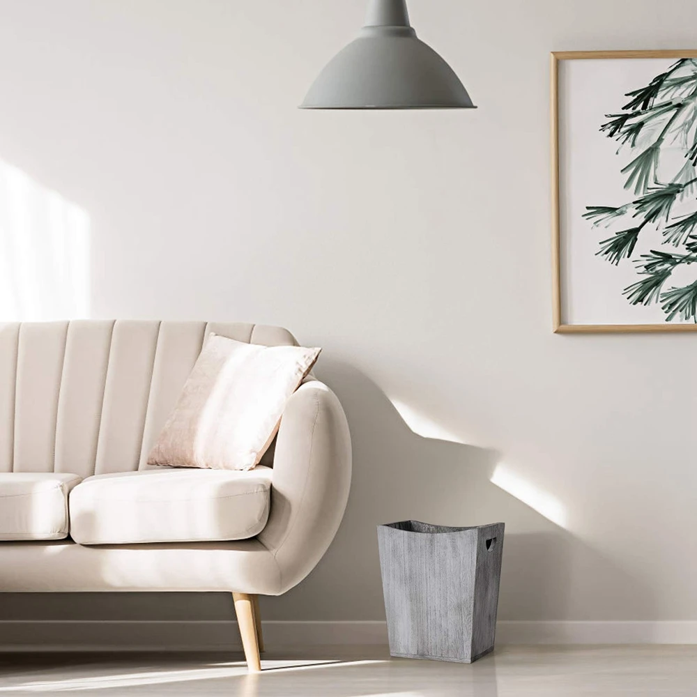 Rustic Wood Trash Can with Handle Modern Durable Waste Bin Recycling Bin for Bathroom Office Bedroom Living Room