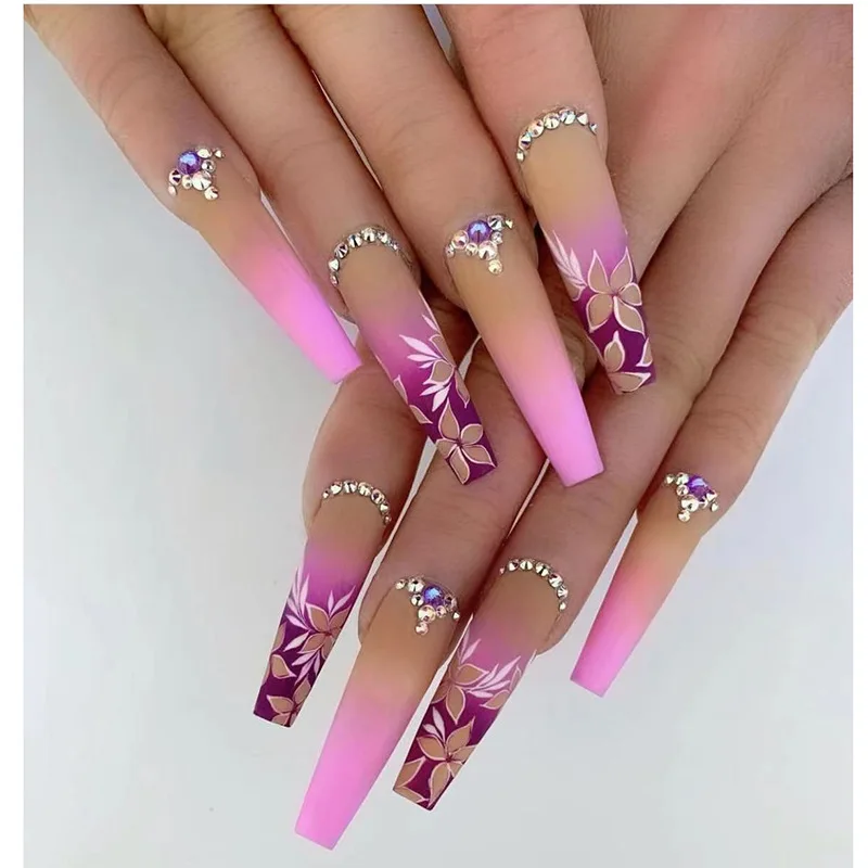 Gradient Floral Pattern With Drill Wearable Nail Piece Glue Models Nail Stickers Removable Delicate Nail Patch