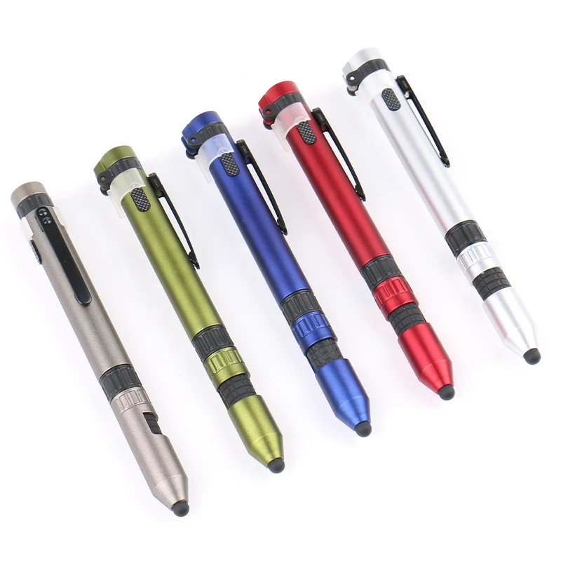 High Quality Custom Light and Compass Personalized Logo 6 in 1 Multi functional pen Holder Multipurpose Tactics Pen with Stylus