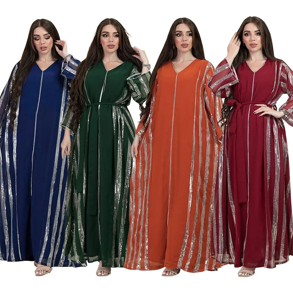 Eid New Muslim embroidered dresses women Hijab Islamic Kaftan Morocco V-neck embroidered long dresses clothing manufacturers