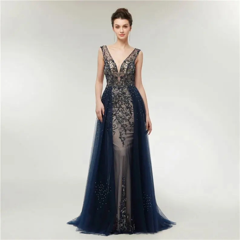 V Neck Backless Heavy Beaded Navy Blue Tulle 2019 New Designer Western Style Prom Dresses For Lady