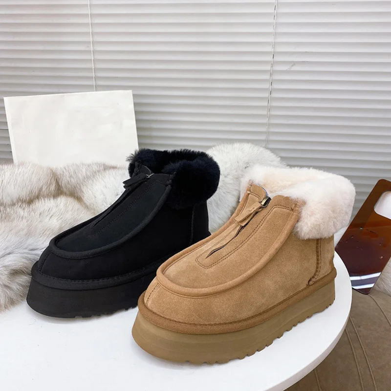 Support OEM/ODM drop shipping ugh popular fur sheepskin front zipper warm snow boots platform
