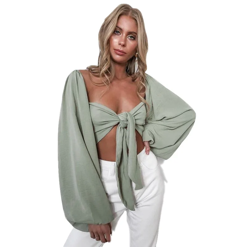 
KQ-003 Fashion summer solid color sexy crop top long puff sleeve women blouses 