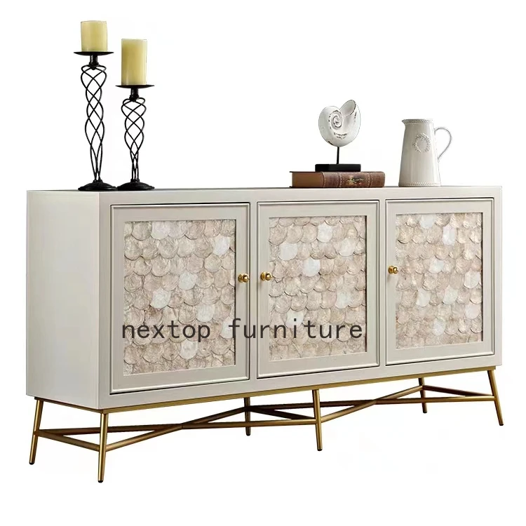 Shell Decoration Kitchen Sideboard American Style Light Luxury Stainless Steel Locker Storage Cabinet Household Wooden Cupboard