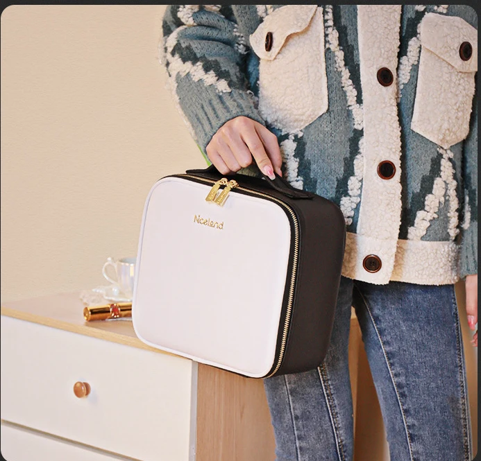 Portable professional PU storage organize cosmetic bag large capacity desktop beauty makeup tool kits Case with Led Light Mirror