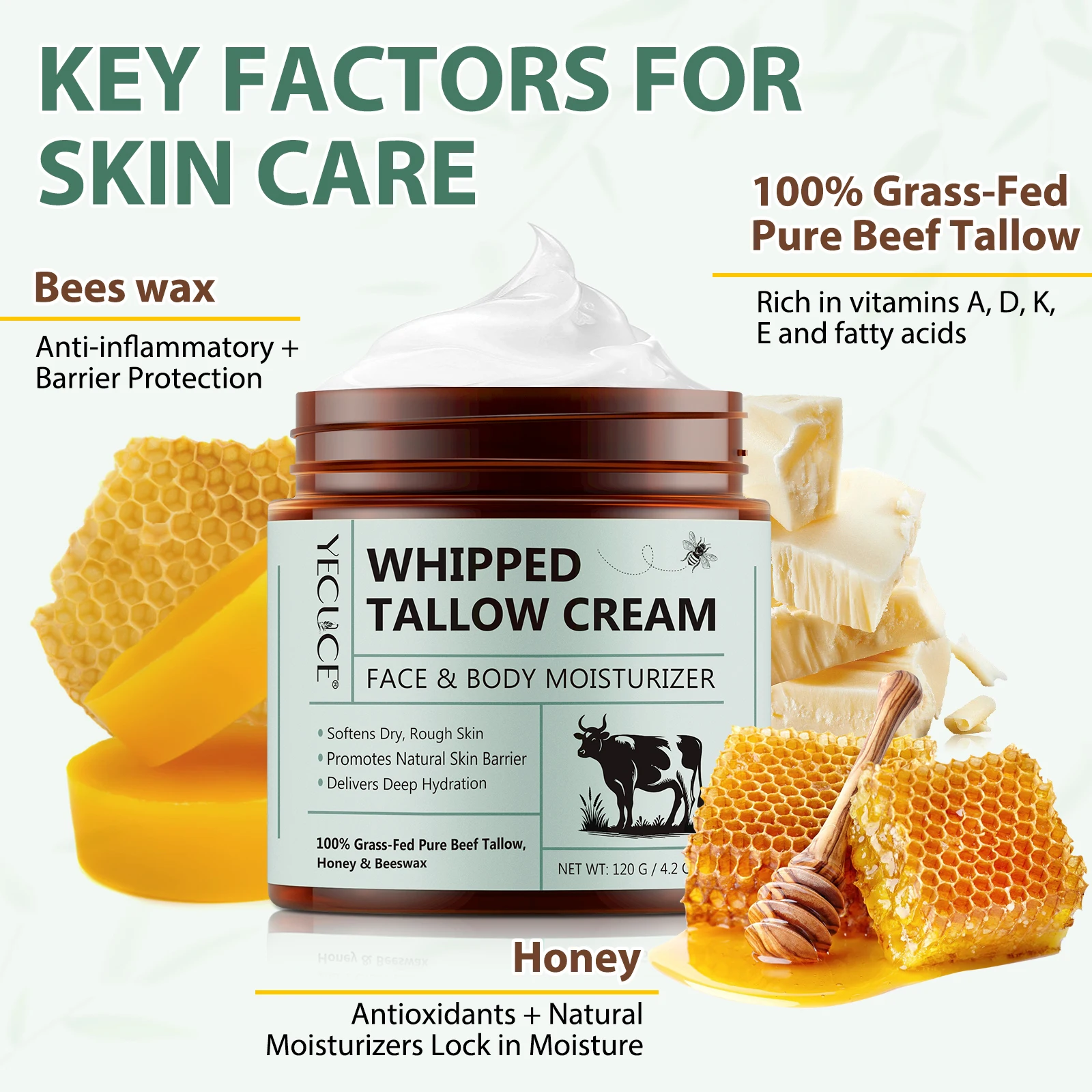 YECUCE Private Label Wholesale 100% Organic Beef Tallow Face Butter Body Lotion Unscented Whipped Tallow Cream for Skin Care