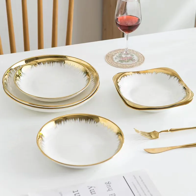 Custom logo Tableware High Quality Household Porcelain Fruit Dish Eco-friendly Gold Rim Ceramic Plates