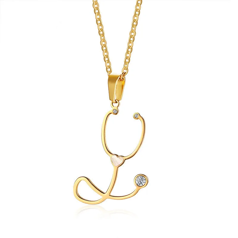Wholesale Creative Fashion Jewelry titanium steel Rhinestone Shell Stethoscope Shape Pendant Necklace Heart Shape For Doctor
