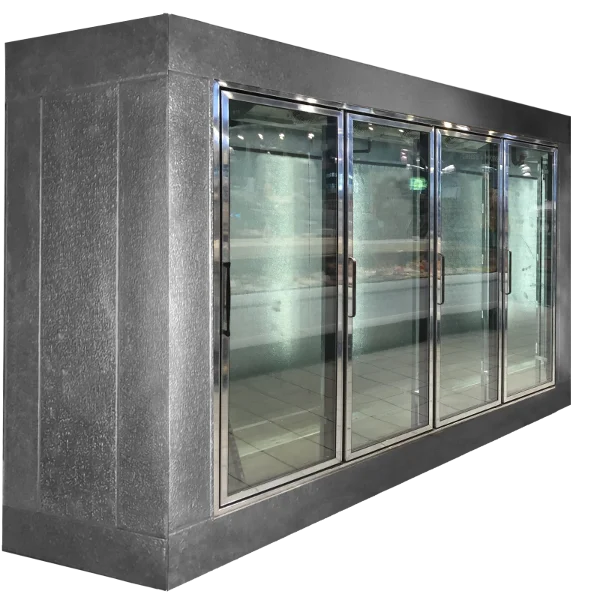 Liquor store beer cave and display cooler for walk in glass doors