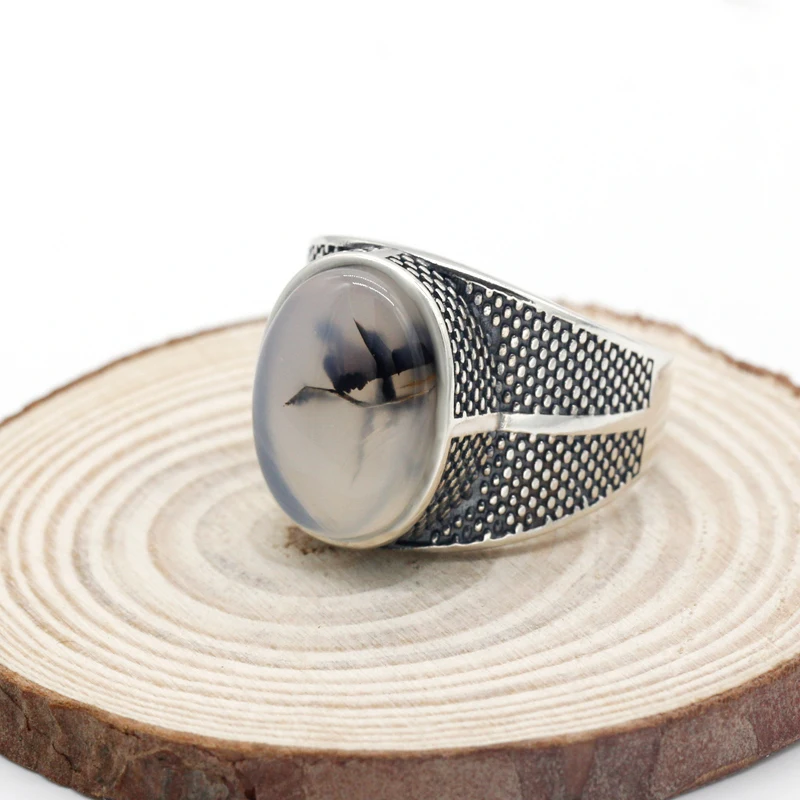 Factory Genuine S925 Thai Silver Natural Agate Stone Ring,Retro Punk Style Oxidized Onxy Silver Fashion Ring for Male