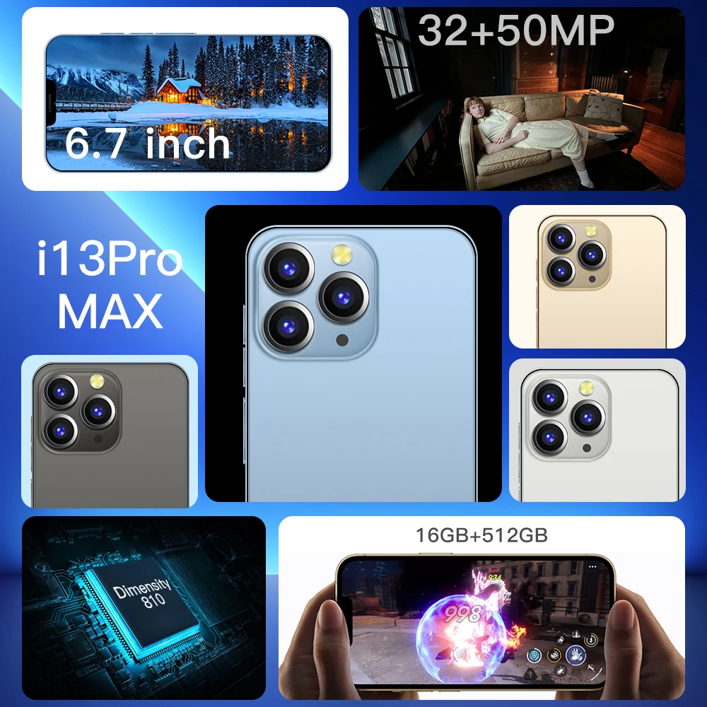 Hot Selling PHONE I 13 PRO MAX 16GB+512GB Smart Phone 6.7 Inch 32MP+50MP Android 11 5G LTE Mobile Cell Smart phone