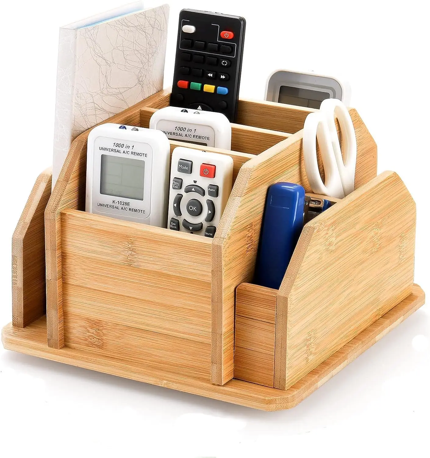 Wholesale Bamboo Rotating Remote Control Holder for Table 7 Compartments Office Supplies Organizer 360° Spinning Desktop