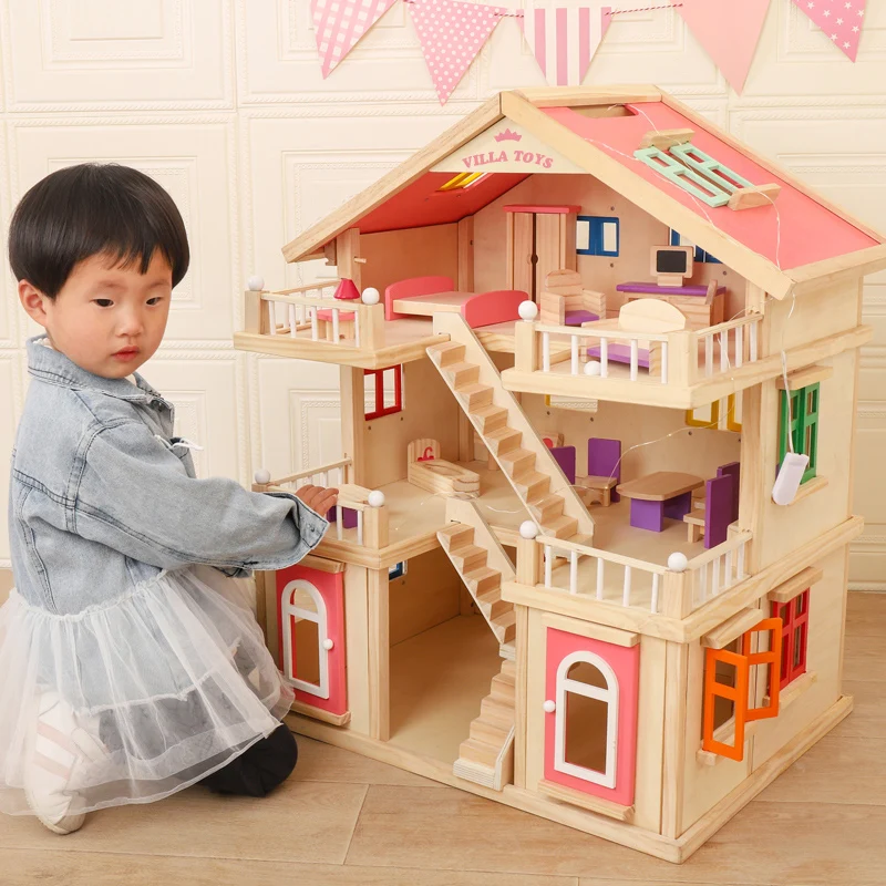 DIY Girls 6 Rooms Wooden Doll House Wooden Dollhouse Gift with Furniture Accessories