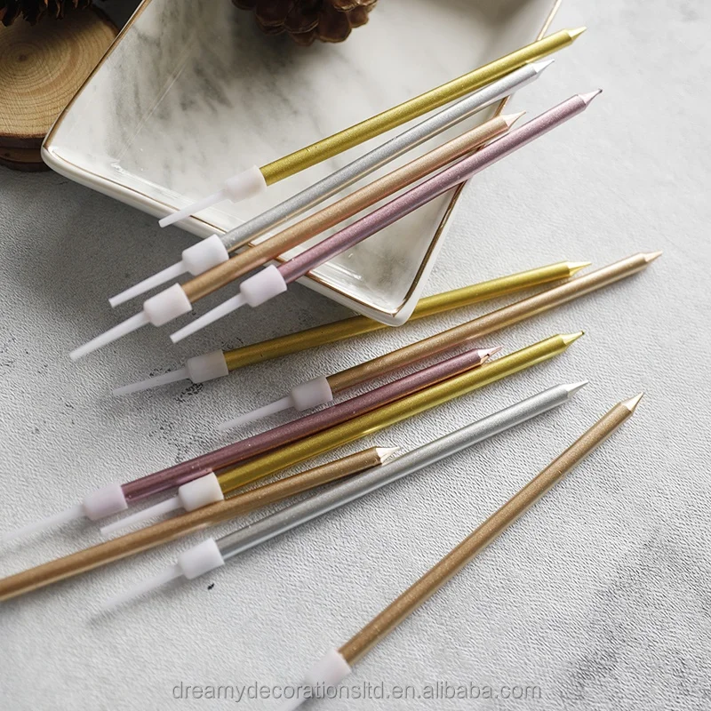 6PCS Stylish Long Thin Cake Metallic Birthday Candles in Holders for Birthday Cakes