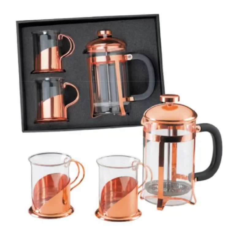 Cooper French Press with 2 Cooper Glass Cups Gift Set Black Gift Box with Protective  EPE Foam Inside, Box Sleeve