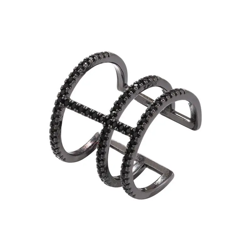 INS Fashion New Design 3 Layers Micro Pave Zircon Opening Rings Black Gold Plated Diamond Ring for Women Wedding Jewelry