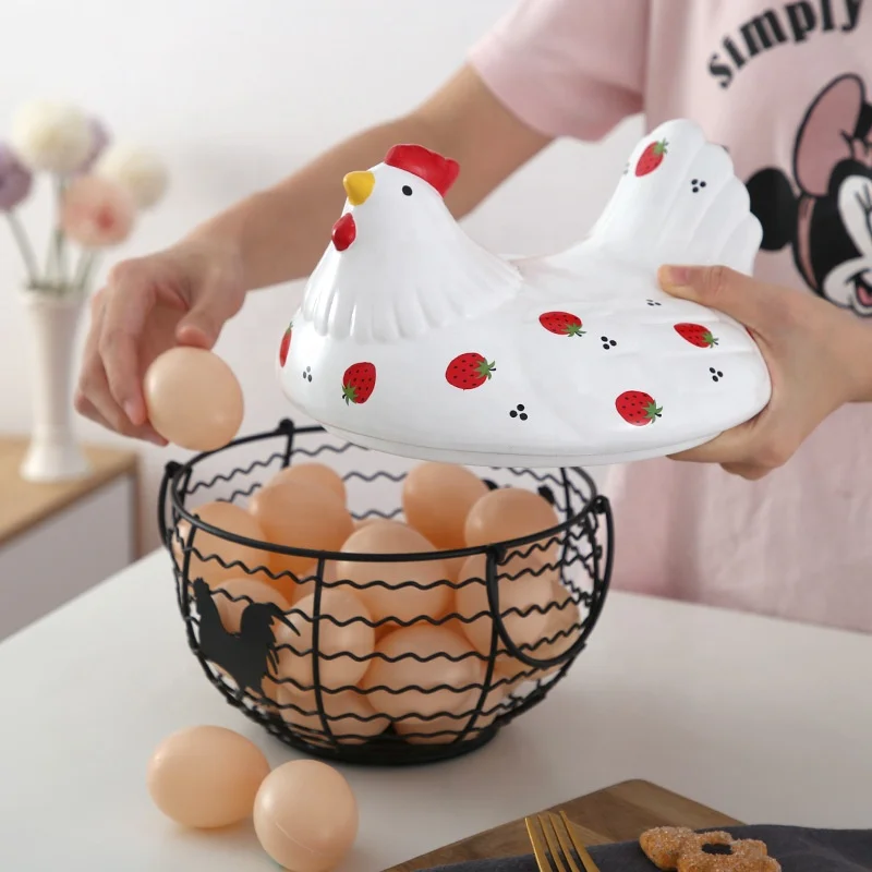 new design wholesale iron hen egg handing storage kitchen food vegetable galic fruit basket with ceramic chicken shaped lid