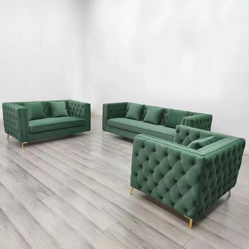 Upholstery Couch Lounge Blue Velvet Chesterfield Living room Sofa With Golden