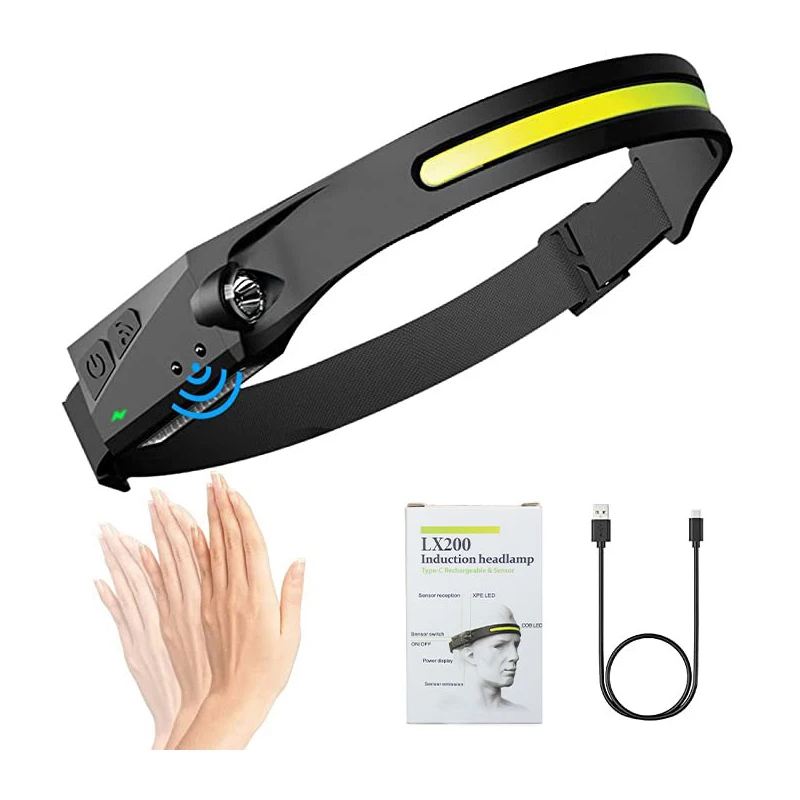 Silicone Headlamps Lightweight Waterproof1200Lumens COB 230 degrees LED Wide Beam Rechargeable Head light with Motion Sensor