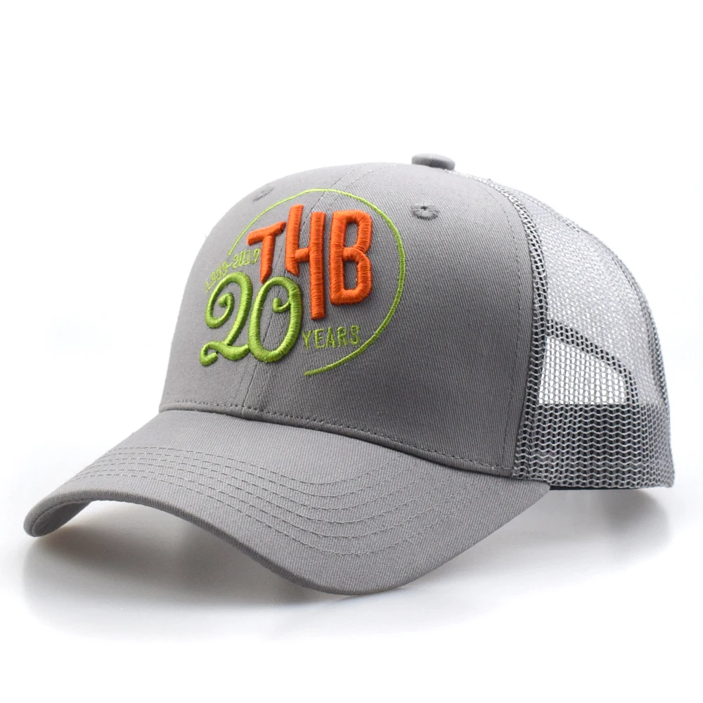 Custom summer sports caps embroidery patch logo grey color mesh trucker hat caps