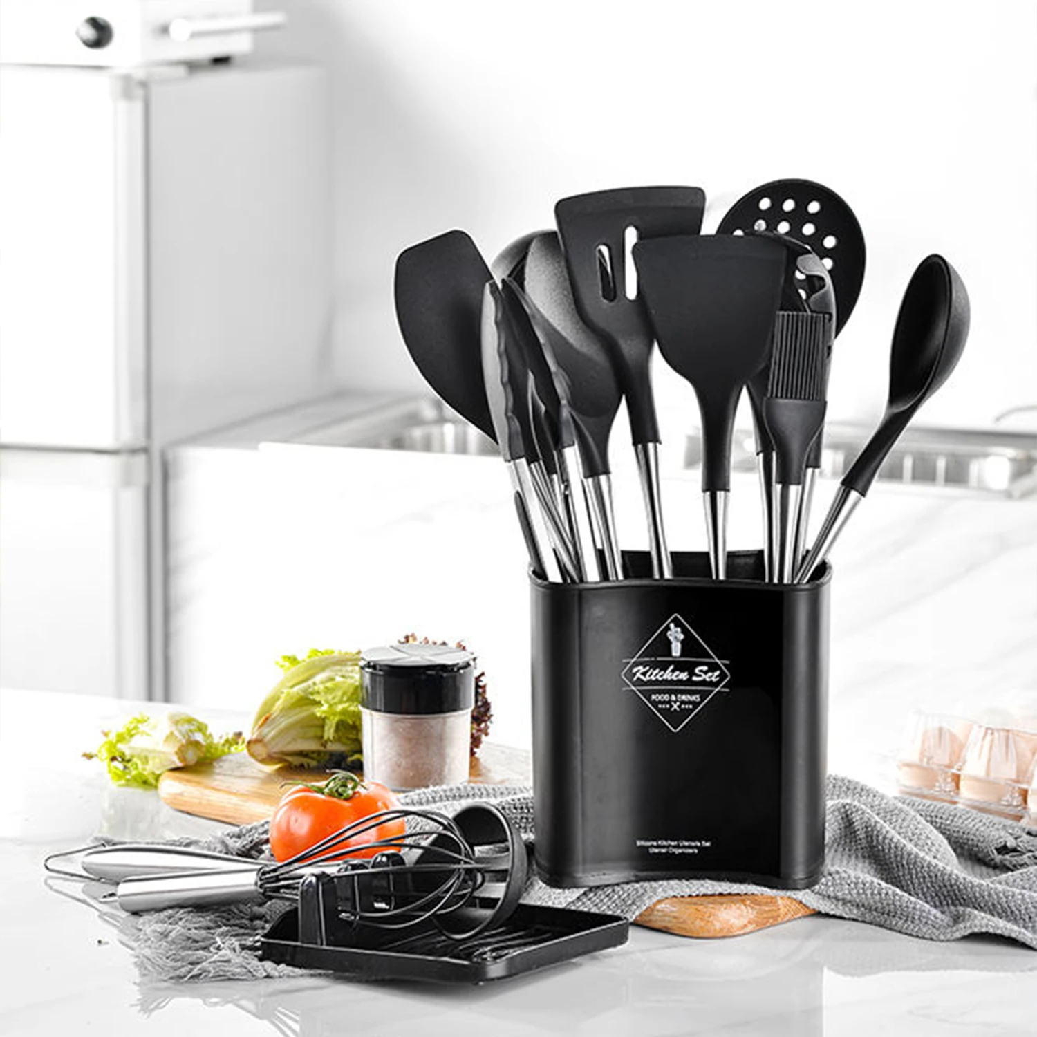 Stainless Steel 12Pcs In 1 Kitchen Gadget Set Cookware Home Silicone Kitchen Utensils Set with Metal Handles