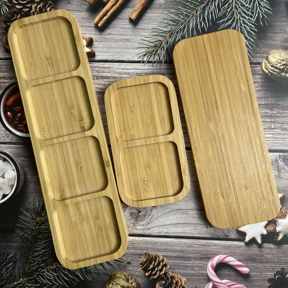 Diyue Wooden Snack Tray Serving Plate Nuts Platter Food Serving Tray Stock Wholesale Bamboo 4 Grid Candy Plates