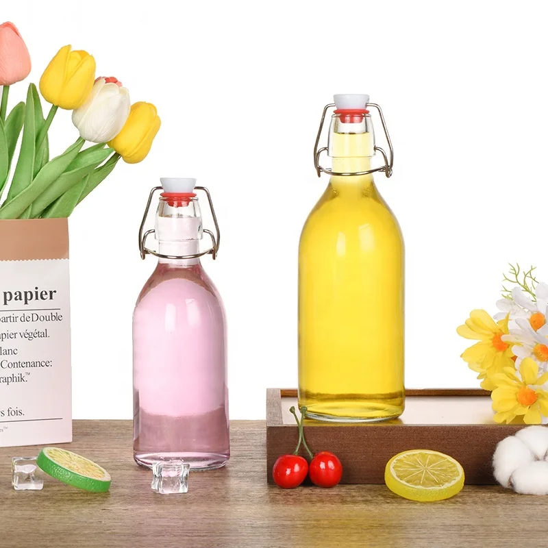 Ru Star Cylinder Glass Bottle Beverage 1000ml 1500ml Flip Top Glass Bottle With Clip Clamp Lid