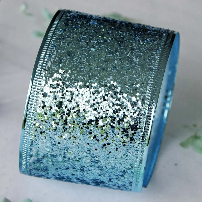 Custom Christmas Blue Glitter Mesh 100% Polyester Purple Wired Ribbon for Holiday Craft Decoration