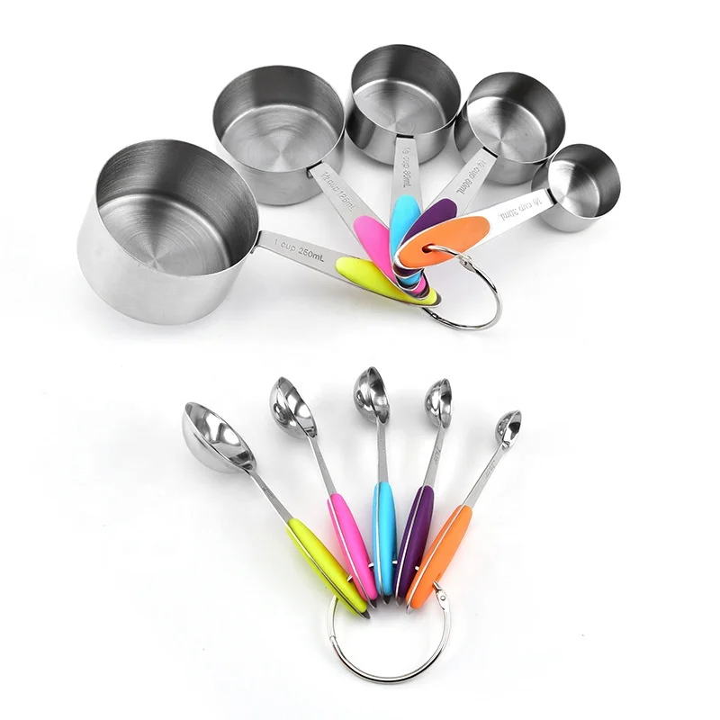 Набор из 10 кухонных мерных стаканчиков и ложек из нержавеющей стали с силиконовой ручкой