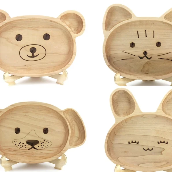 eco-friendly solid Wooden Personalization Child Kids burger chees breakfast bread cheese Snack Dish Baby First Animal Face Plate