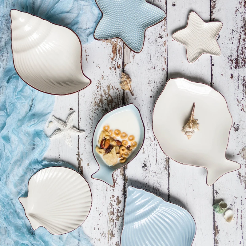 Household Mini Candy Snacks Serving Dish Ceramic Tableware Restaurant Ocean Irregular Shape White And Blue Plate